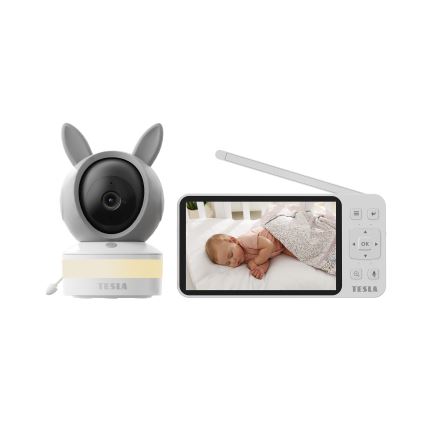 TESLA Electronics Bambino - Babyphone intelligent avec moniteur 4 MP 2560p 5 V 5000 mAh Wi-Fi Tuya gris/blanc