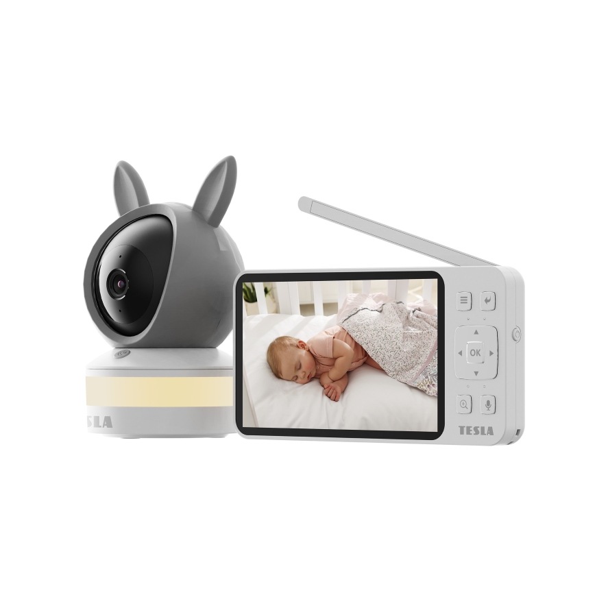TESLA Electronics Bambino - Babyphone intelligent avec moniteur 4 MP 2560p 5 V 5000 mAh Wi-Fi Tuya gris/blanc
