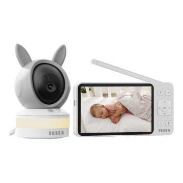 TESLA Electronics Bambino - Babyphone intelligent avec moniteur 4 MP 2560p 5 V 5000 mAh Wi-Fi Tuya gris/blanc