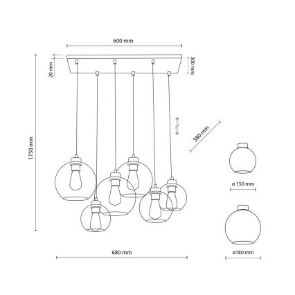 TK Lighting 2164 - Suspension avec fil CUBUS 6xE27/60W/230V