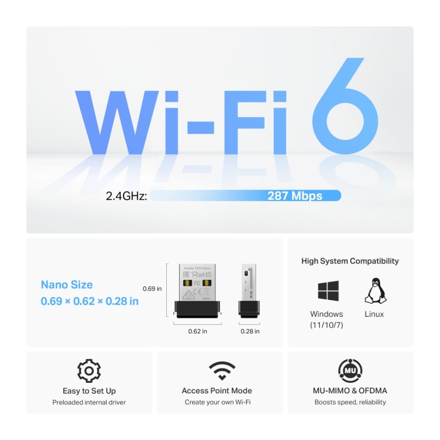 TP-Link - Adaptateur USB nano Wi‑Fi 6 sans fil Archer TX1U Nano