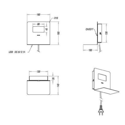 Trio - Applique murale LED avec une étagère ALOFT LED/3W/230V + port USB