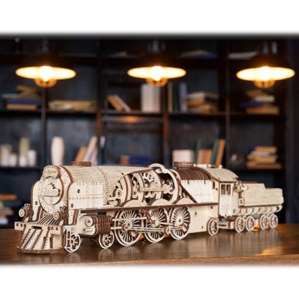 Ugears - Puzzle 3D mécanique en bois V-Express locomotive à vapeur avec tender