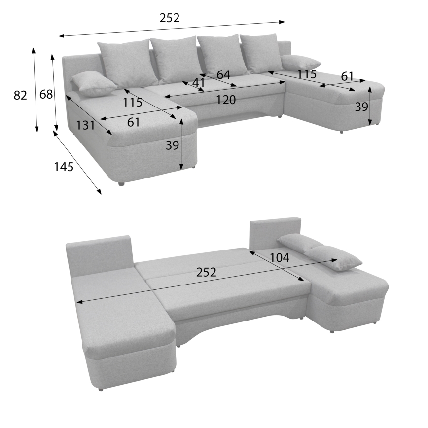 Canapé d'angle convertible réversible en U avec coffre de rangement ALMEIDA gris