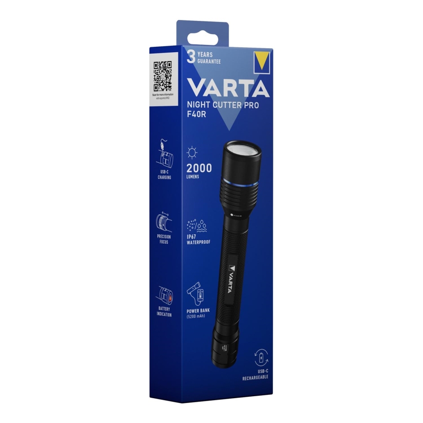 Varta 18922101111 - NIGHT CUTTER PRO F40R - Lampe torche LED rechargeable avec batterie externe intégrée, USB, IP67, 5200 mAh
