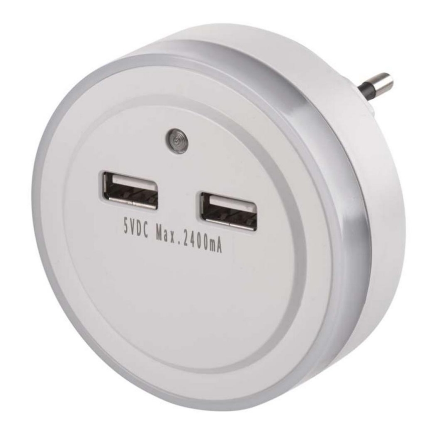 Veilleuse LED à brancher sur prise avec capteur crépusculaire + 2x USB, 3x LED/0,3W/230V