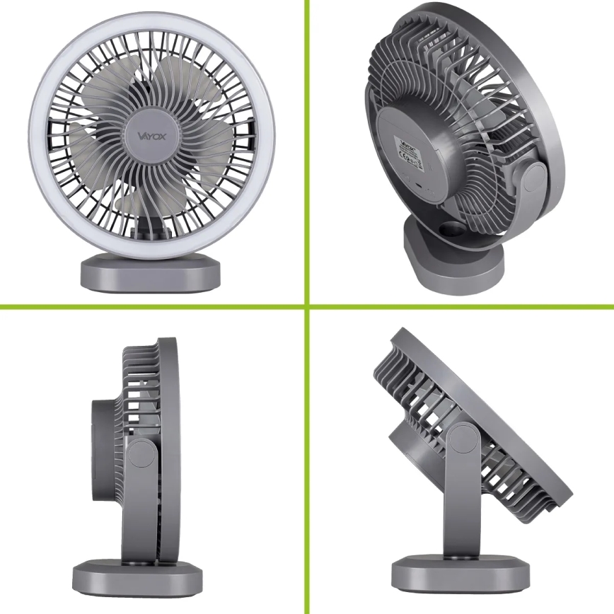 Ventilateur de bureau rechargeable LED avec éclairage LED LED/3W/5V USB 2400 mAh gris