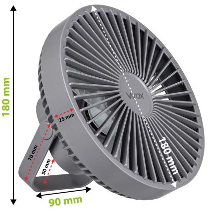Ventilateur de table rechargeable avec éclairage LED/2W/5V USB 2400 mAh gris