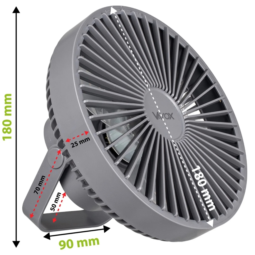 Ventilateur de table rechargeable avec éclairage LED/2W/5V USB 2400 mAh gris