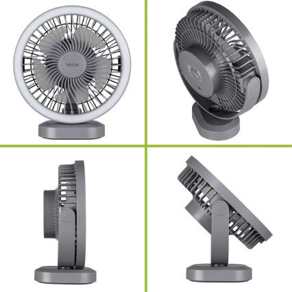 Ventilateur de table rechargeable avec éclairage LED/3W/5V USB 2400 mAh gris