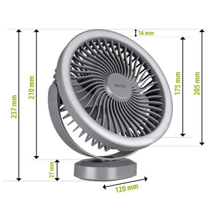 Ventilateur de table rechargeable avec éclairage LED/3W/5V USB 2400 mAh gris