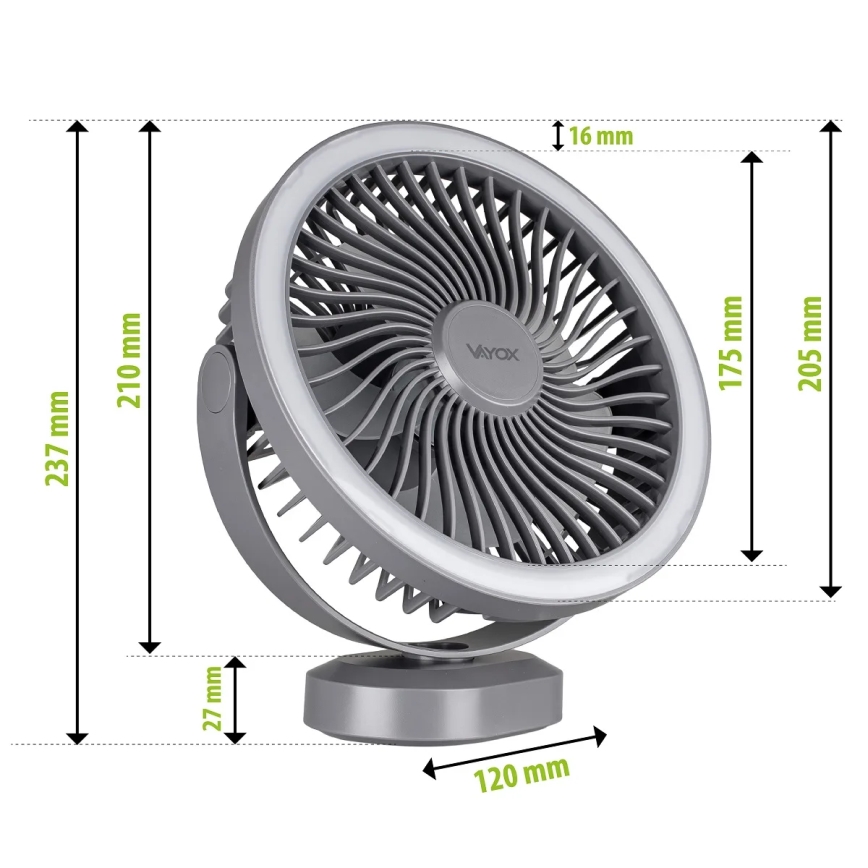 Ventilateur de table rechargeable avec éclairage LED/3W/5V USB 2400 mAh gris
