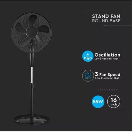 Ventilateur sur pied, diamètre 43 cm, 55W/230V, noir
