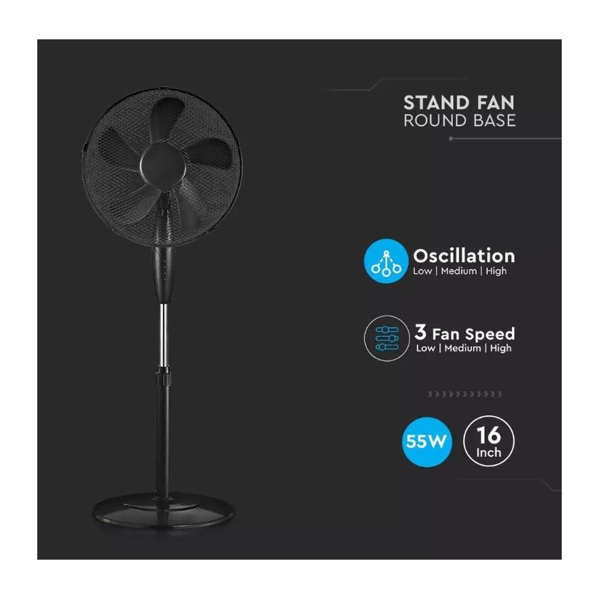 Ventilateur sur pied, diamètre 43 cm, 55W/230V, noir