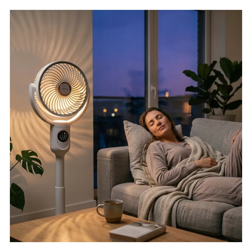 Ventilateur sur pied LED rechargeable avec éclairage LED/4,8W/5V USB 7200 mAh, blanc + télécommande