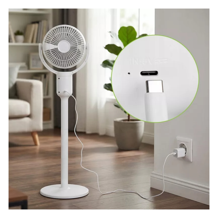 Ventilateur sur pied LED rechargeable avec éclairage LED/4,8W/5V USB 7200 mAh, blanc + télécommande