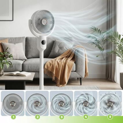 Ventilateur sur pied LED rechargeable avec éclairage LED/4,8W/5V USB 7200 mAh, blanc + télécommande