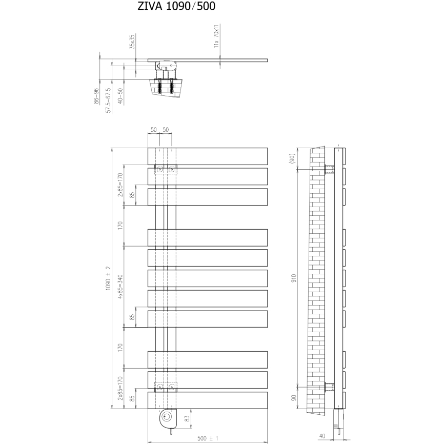 Vertaduro - Radiateur de salle de bains avec thermostat ZIVA 500W 109x50 cm noir