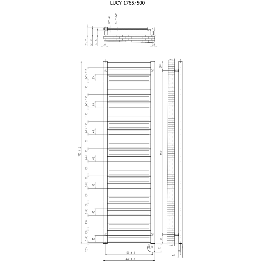 Vertaduro - Radiateur de salle de bains LUCY avec thermostat, 800 W, 177 x 50 cm, anthracite