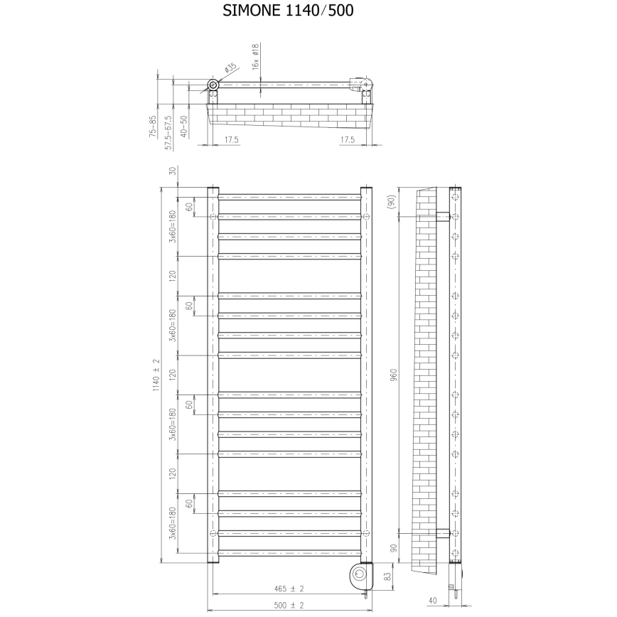Vertaduro - Radiateur sèche-serviettes SIMONE 400 W, 114 x 50 cm, noir, avec thermostat