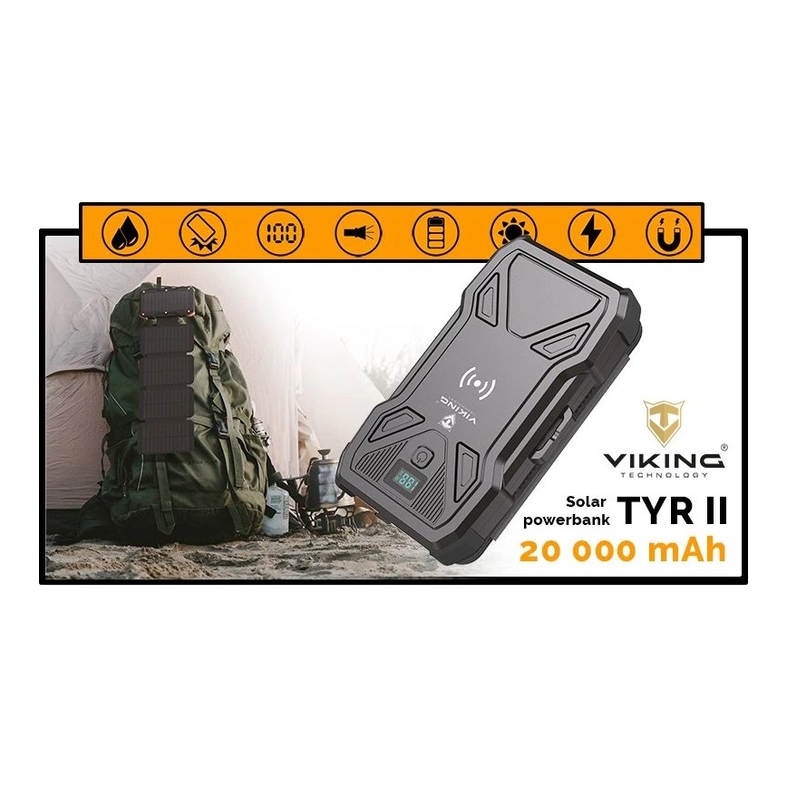 Viking - Batterie externe avec lampe torche LED intégrée, recharge sans fil et panneau solaire, Power Delivery 22,5 W / 20 000 mAh