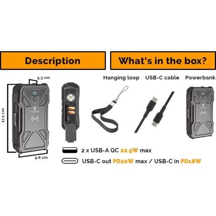 Viking - Batterie externe avec lampe torche LED intégrée, recharge sans fil et panneau solaire, Power Delivery 22,5 W / 20 000 mAh