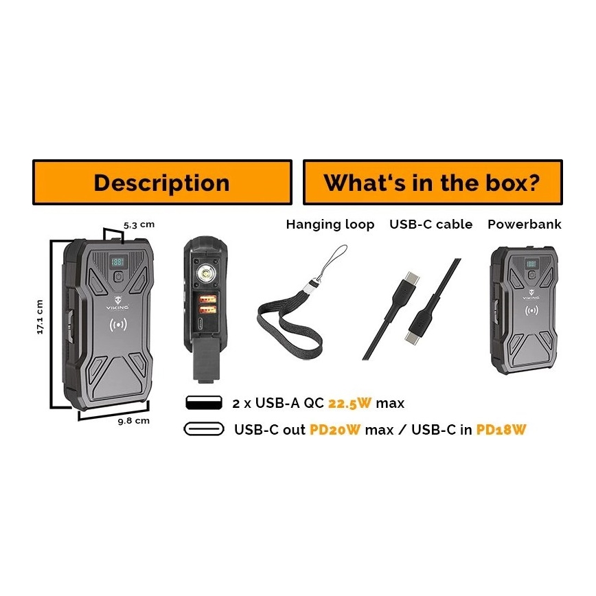 Viking - Batterie externe avec lampe torche LED intégrée, recharge sans fil et panneau solaire, Power Delivery 22,5 W / 20 000 mAh