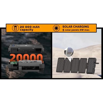 Viking - Batterie externe avec lampe torche LED intégrée, recharge sans fil et panneau solaire, Power Delivery 22,5 W / 20 000 mAh