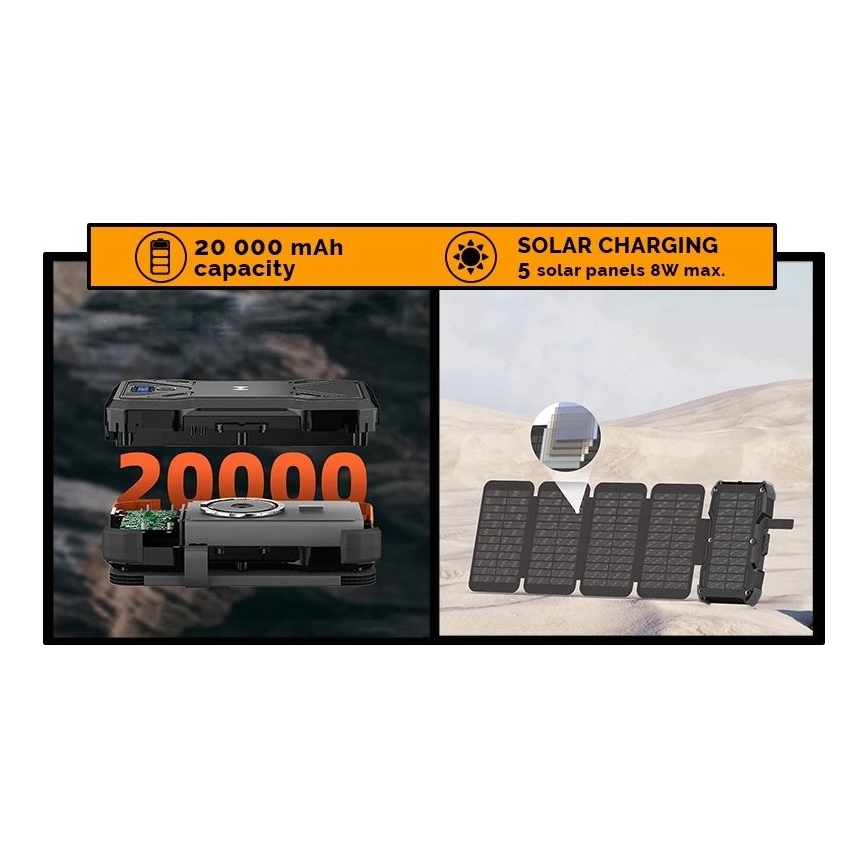 Viking - Batterie externe avec lampe torche LED intégrée, recharge sans fil et panneau solaire, Power Delivery 22,5 W / 20 000 mAh