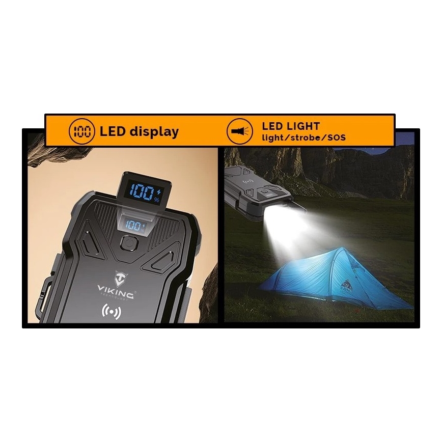 Viking - Batterie externe avec lampe torche LED intégrée, recharge sans fil et panneau solaire, Power Delivery 22,5 W / 20 000 mAh