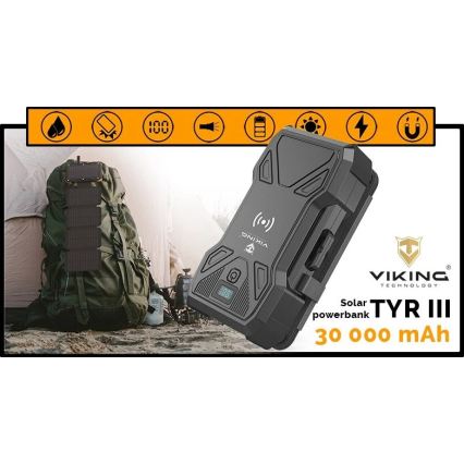 Viking - Batterie externe avec lampe LED, charge sans fil et panneau solaire Power Delivery 22,5W/30000 mAh