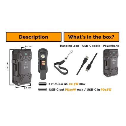 Viking - Batterie externe avec lampe LED, charge sans fil et panneau solaire Power Delivery 22,5W/30000 mAh