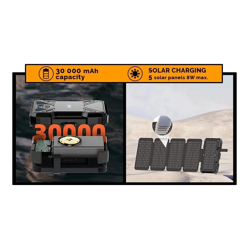 Viking - Batterie externe avec lampe LED, charge sans fil et panneau solaire Power Delivery 22,5W/30000 mAh