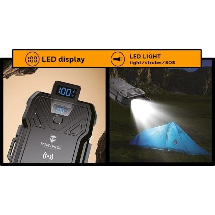 Viking - Batterie externe 10 000 mAh avec lampe torche LED intégrée, charge sans fil et panneau solaire, Power Delivery 22,5 W