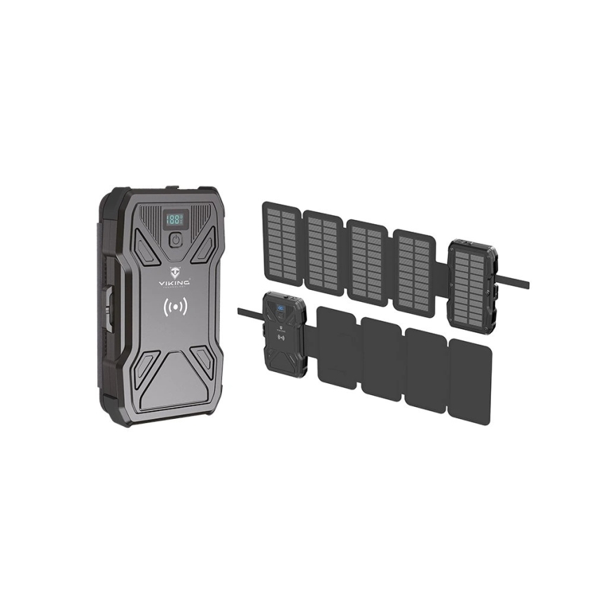 Viking - Batterie externe 10 000 mAh avec lampe torche LED intégrée, charge sans fil et panneau solaire, Power Delivery 22,5 W