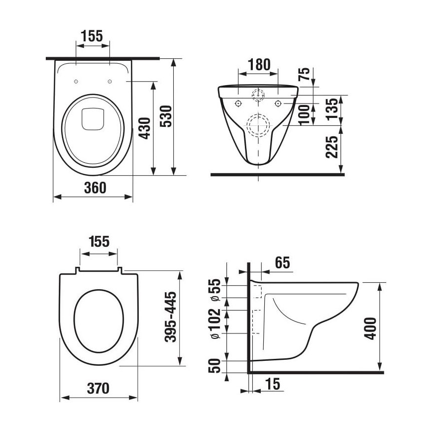 WC suspendu LYRA + abattant SoftClose LYRA + plaque de commande DUAL + module encastré + plaque isolante