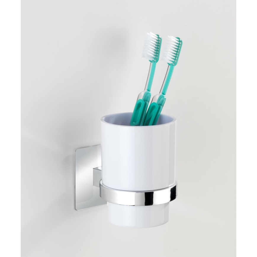 WENKO 23847800-Gobelet pour brosses à dents TURBO-LOC QUADRO ED. 7x9,5 cm chromé brillant/blanc
