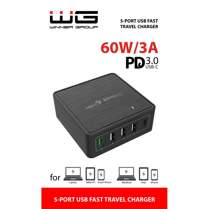 Winner Group - Adaptateur de charge rapide 5xUSB-C Power Delivery 60W noir