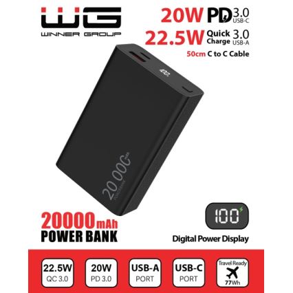 Winner Group - Batterie portative avec écran 20000 mAh 20W Power Delivery noir