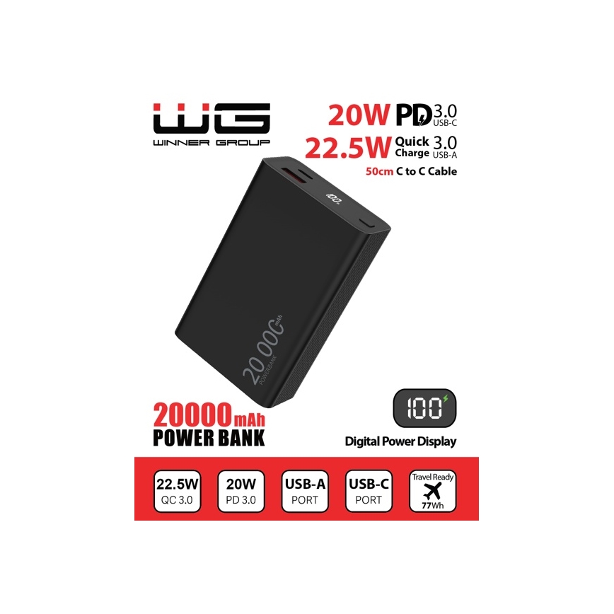 Winner Group - Batterie portative avec écran 20000 mAh 20W Power Delivery noir