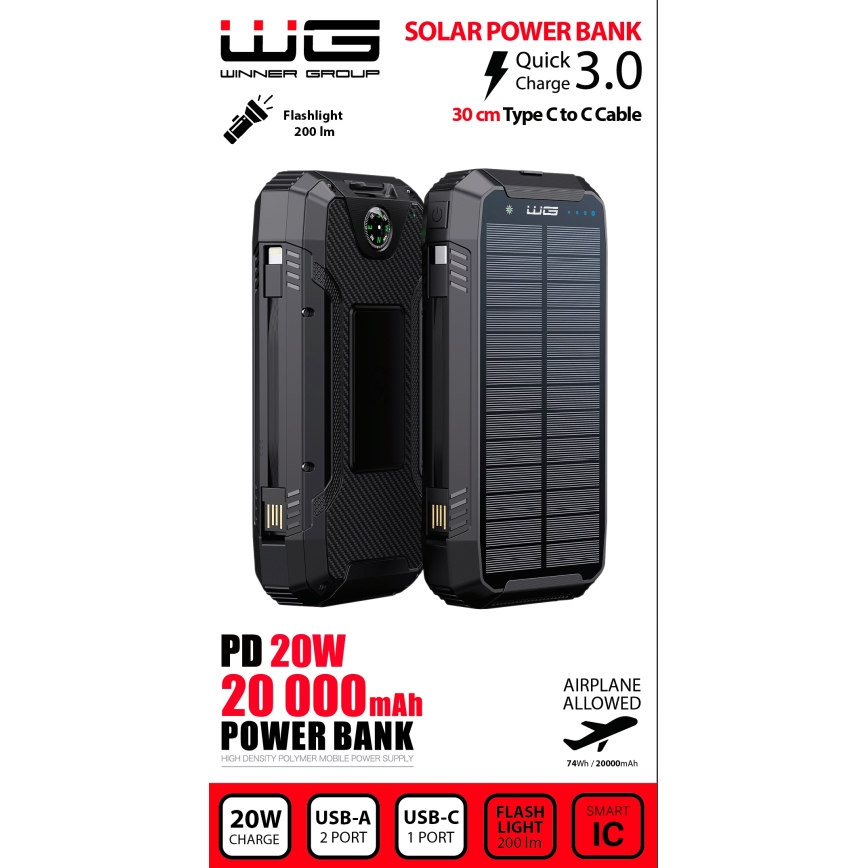 Winner Group - Batterie portative avec charge sans fil et panneau solaire 20000 mAh 20W PD