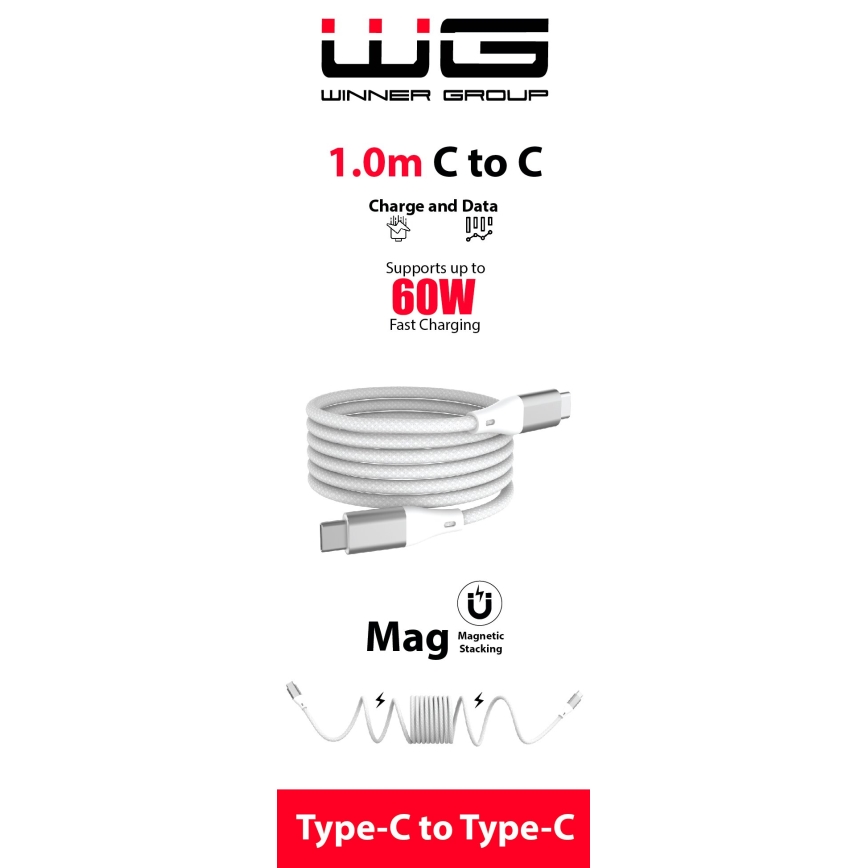 Winner Group - Câble USB magnétique USB-C / USB-C 60W 1m blanc