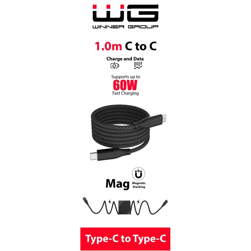Winner Group - Câble USB magnétique USB-C / USB-C 60W 1m noir