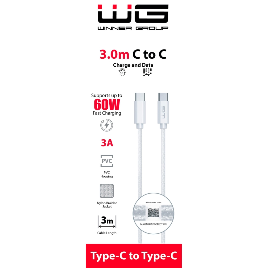 Winner Group - Câble USB USB-C / USB-C 60W 3m blanc