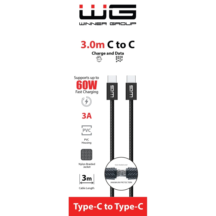 Winner Group - Câble USB USB-C / USB-C 60W 3m noir