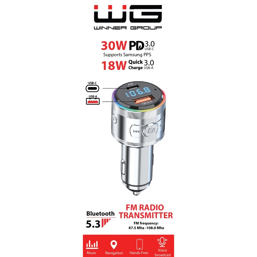 Winner Group - Chargeur de voiture 20 W avec émetteur FM et kit mains libres, argenté