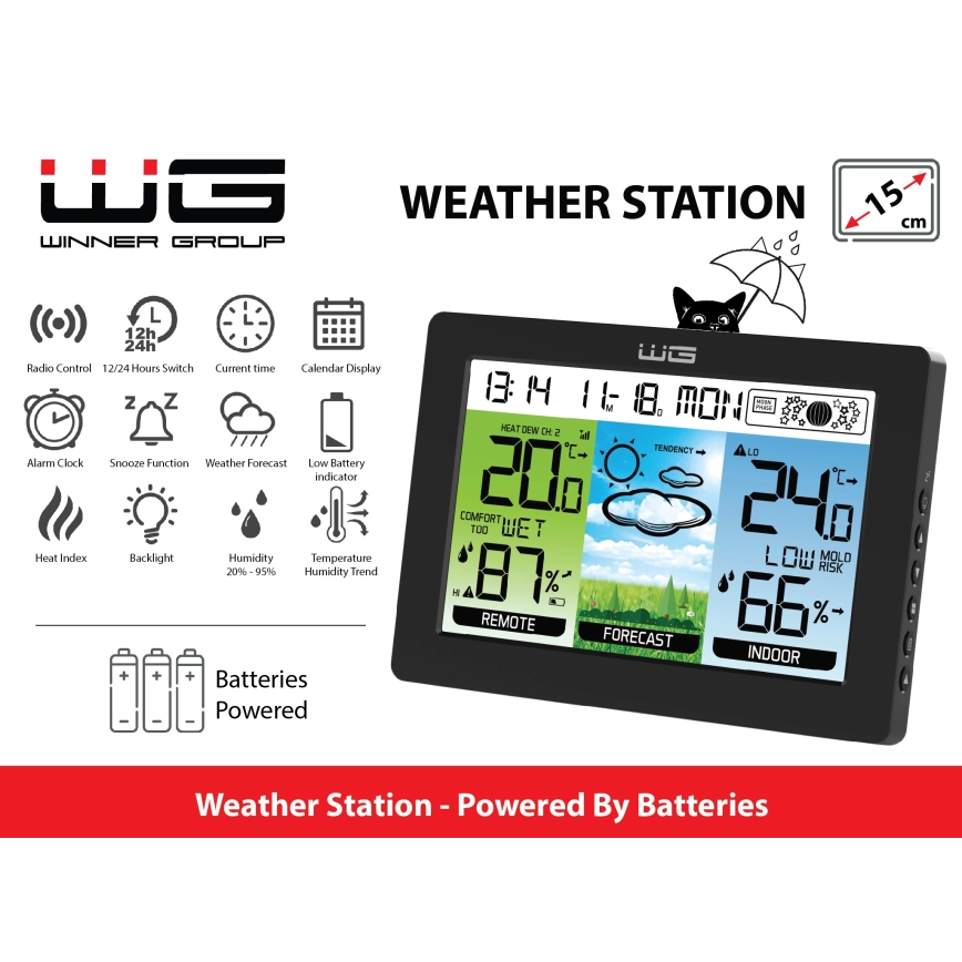 Winner Group - Station météo avec écran LCD et réveil, alimentée par 5xAAA