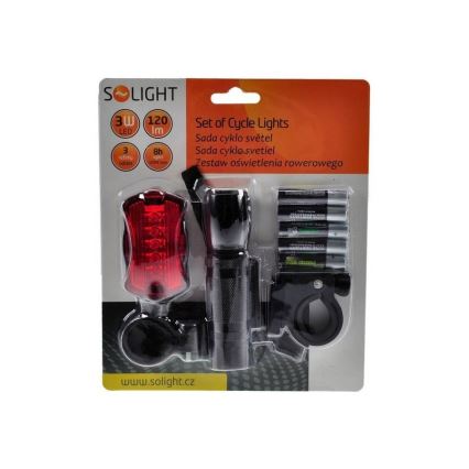 Pack feux de vélo - avant LED 3W + arrière 5xLED, 2x support, 2x+ piles 3xAAA baterie IP44