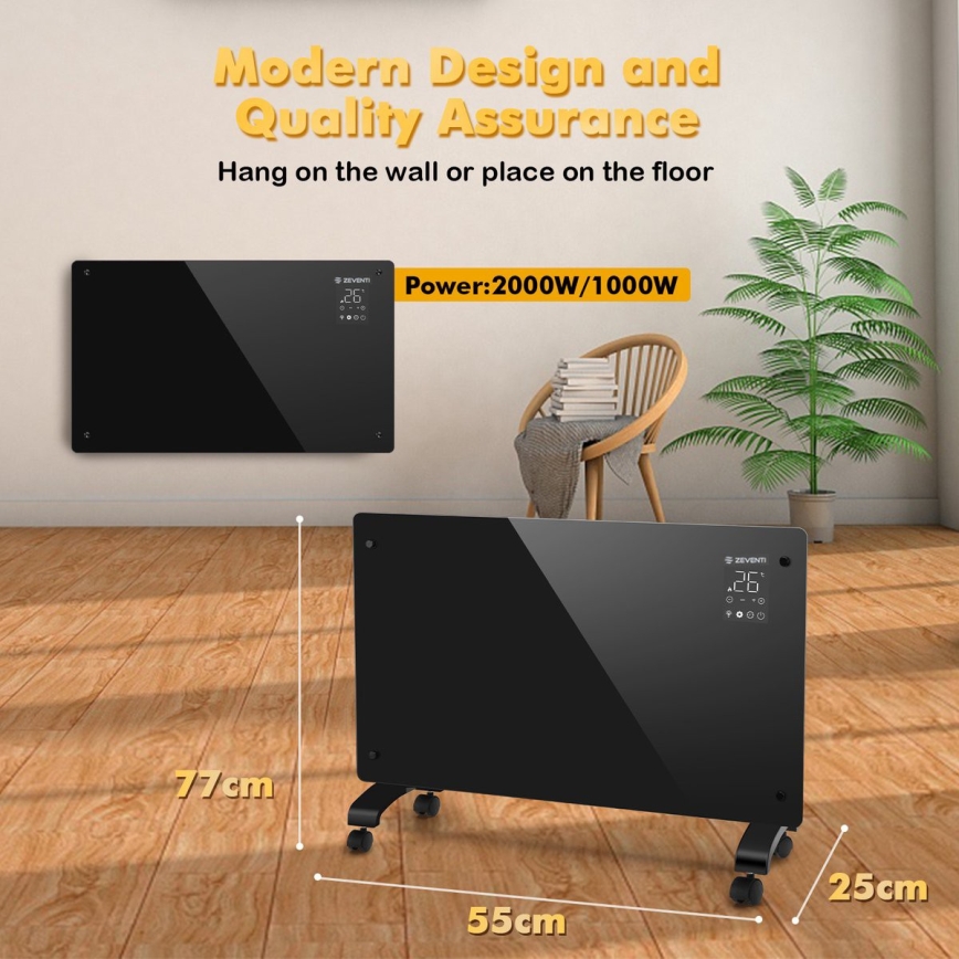 ZEVENTI - Radiateur électrique intelligent/convecteur avec écran LCD ECO/1000/2000 W/230 V Wi-Fi noir