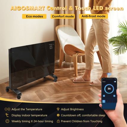 ZEVENTI - Radiateur électrique intelligent/convecteur avec écran LCD ECO/1000/2000 W/230 V Wi-Fi noir